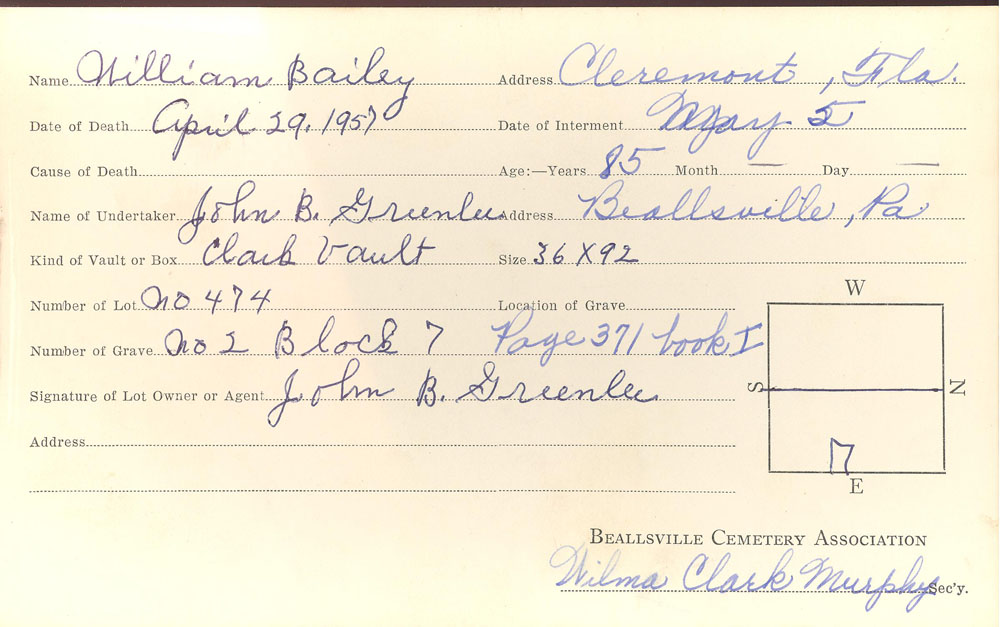 William Bailey burial card